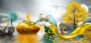 新中式金色飘带丝绸大海装饰画图片