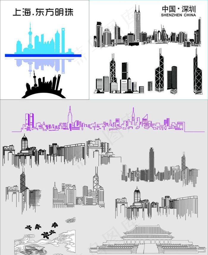 城市线稿图图片cdr矢量模版下载