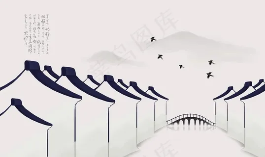 徽式建筑水墨画图片