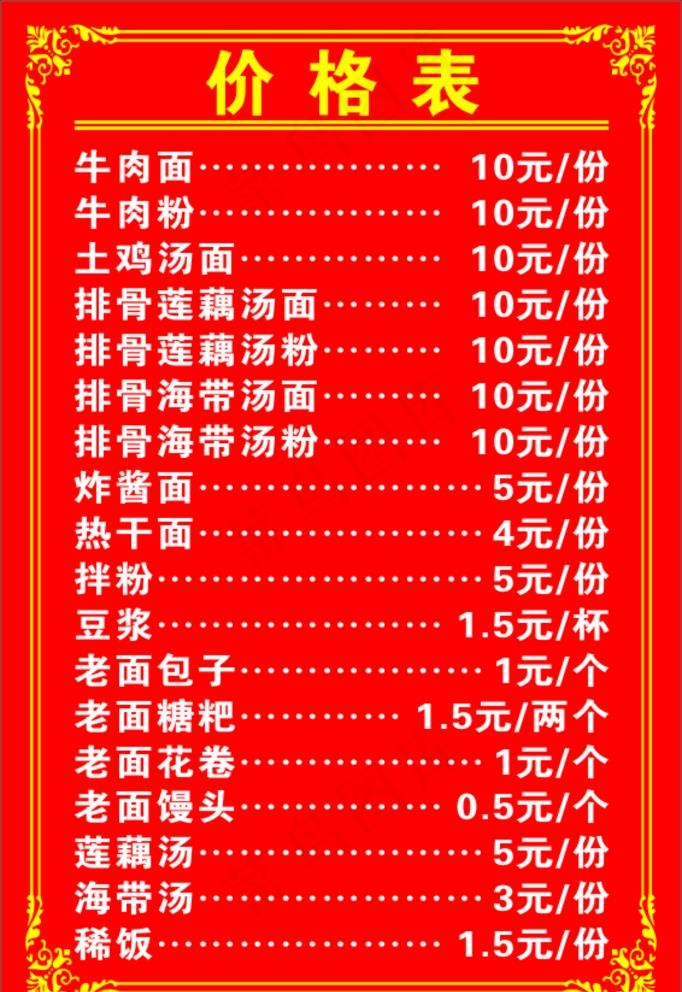 早餐店价格表图片