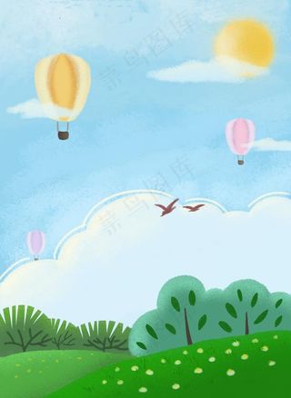 蓝天白云手绘风景插画图片