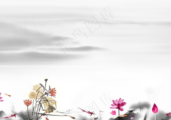 水墨画荷花背景图片(5740X4205(DPI:300))psd模版下载