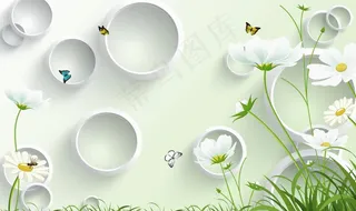 简约花卉小鸟圈圈电视背景墙图片