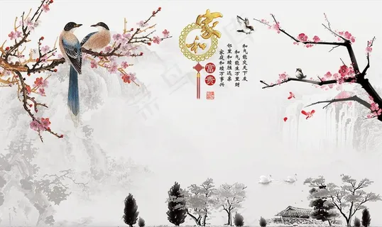 花鸟画 梅花 家和富贵 背景墙图片 花鸟画 梅花 家和富贵 背景墙图片