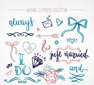 彩绘婚礼和艺术字元素矢量素材图片