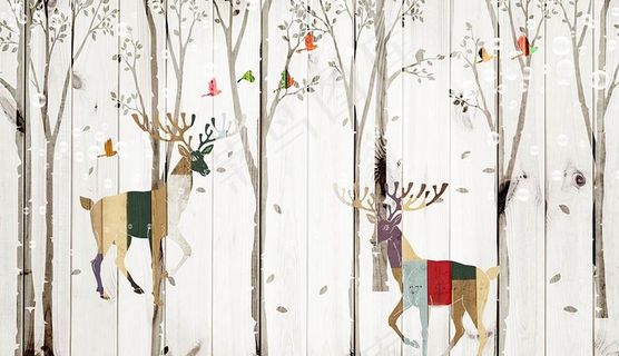 麋鹿树林木纹背景墙图片