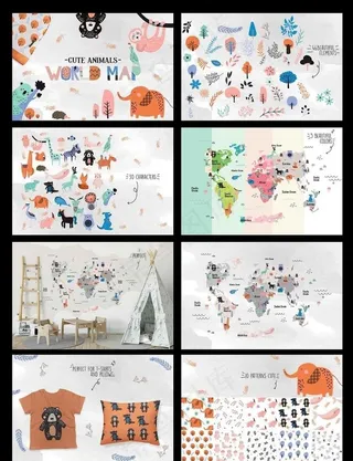 可爱卡通动物与世界地图图片