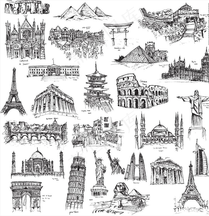 素描著名古建筑钢笔写生图片eps,ai矢量模版下载