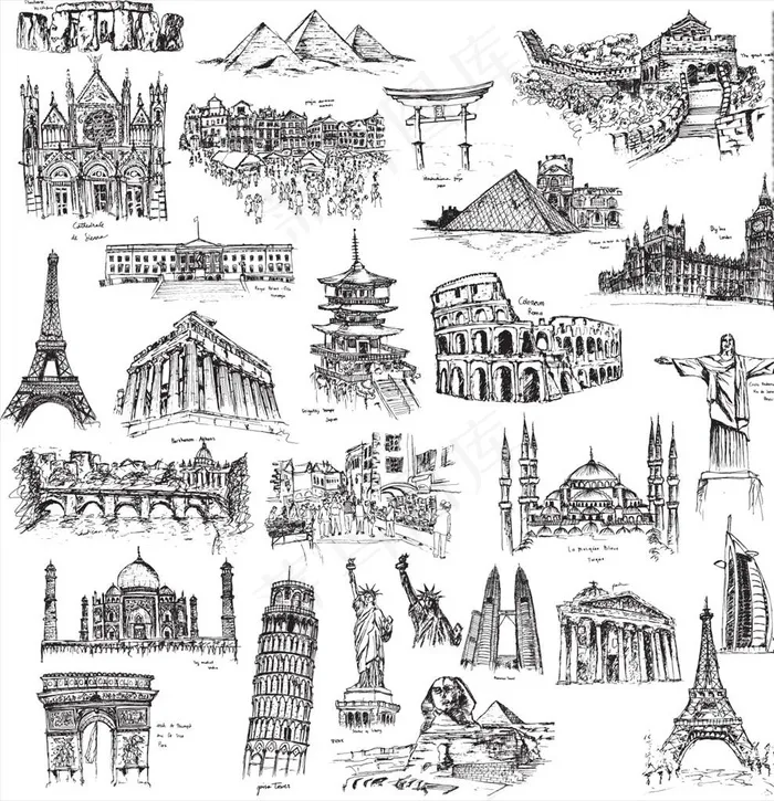 素描著名古建筑钢笔写生图片eps,ai矢量模版下载