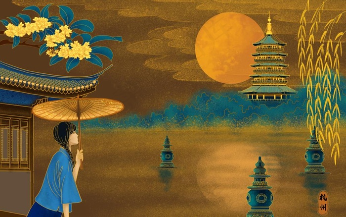 杭州西湖复古景点插画古风背景图片(3500X2300(DPI:132))psd模版下载