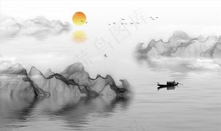 水墨山水 小船 背景墙图片