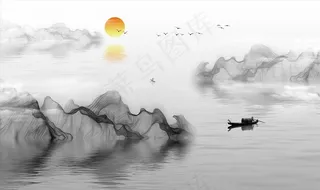 水墨山水 小船 背景墙图片