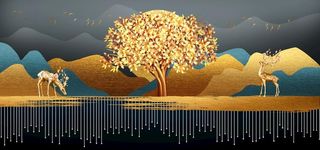 新中式金色山水立体麋鹿装饰画图片