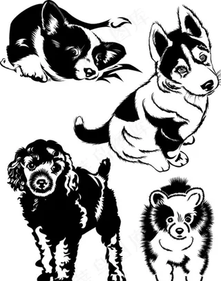 黑白小狗剪影矢量素材图片