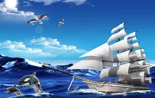 高清大海中的帆船图片