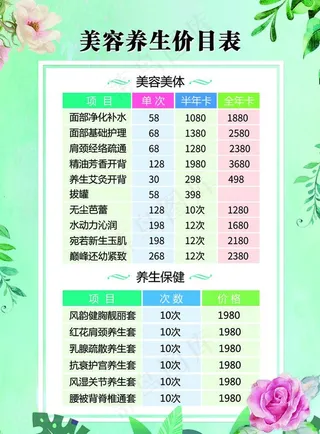 美容养生价目表图片