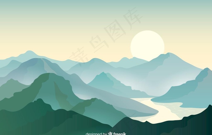 山水日出日落图片ai矢量模版下载