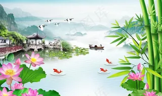 山水画竹子背景墙图片