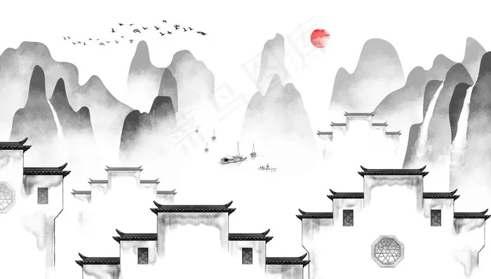 新中式水墨山水背景墙图片(14173X8504(DPI:72))psd模版下载
