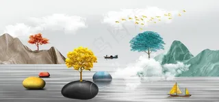 新中式山水云雾岩石纹装饰画图片