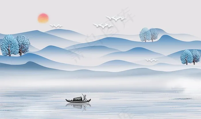 新中式水墨山水画树船鸟背景墙图片(9071X5669(DPI:72))psd模版下载