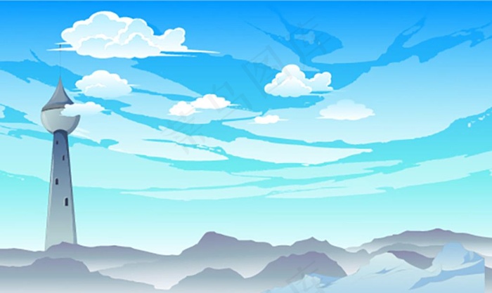 手绘天空 蓝色 云 灯塔 山图片