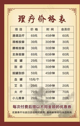 足疗价格表图片