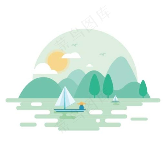扁平 山水 船 青山 景色图片