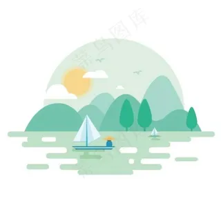 扁平 山水 船 青山 景色图片