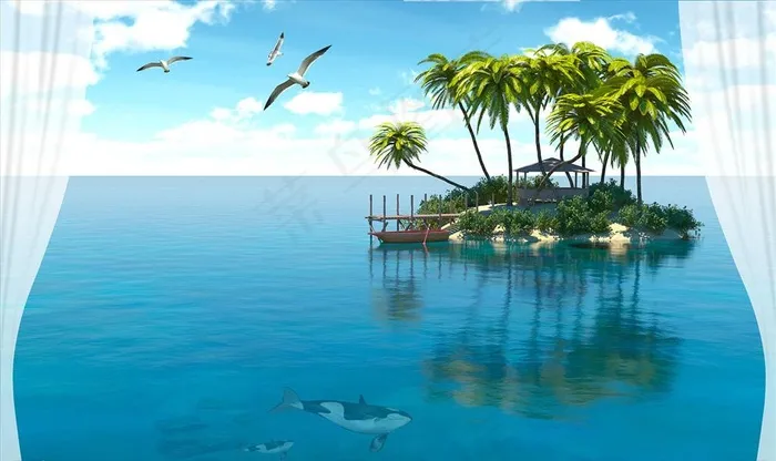 大海 小岛 背景墙图片(9071X5669(DPI:72))psd模版下载