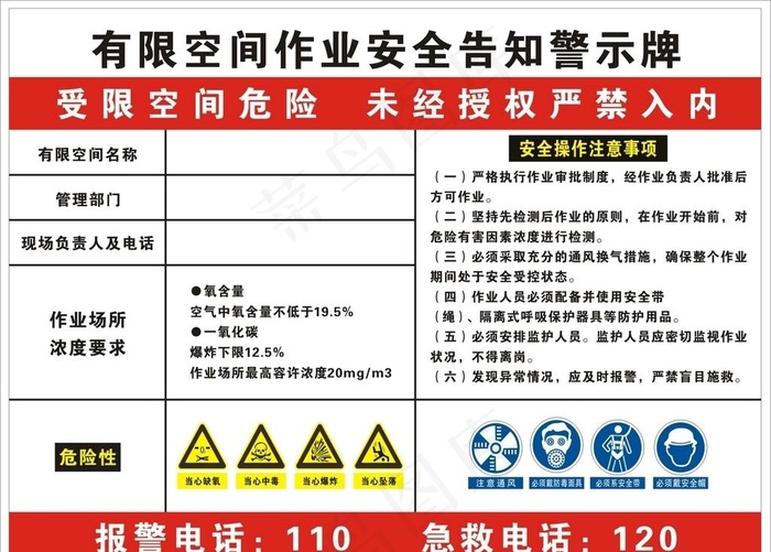 有限空间作业 安全告知牌 标识图片cdr矢量模版下载