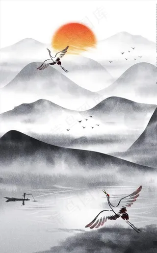 水墨仙鹤山水背景图片