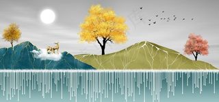 新中式手绘金色麋鹿山水装饰画图片