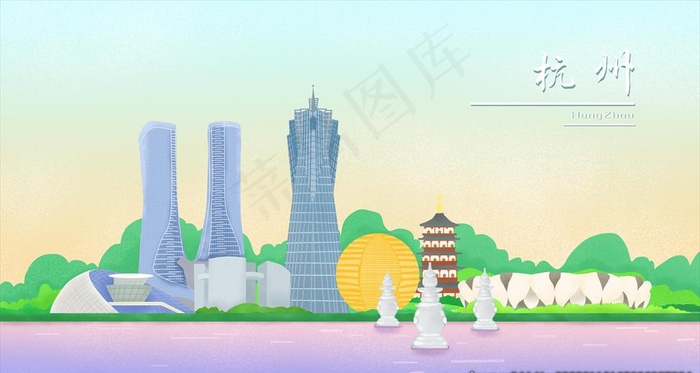 杭州城市地标建筑图片(2880X1620(DPI:300))psd模版下载