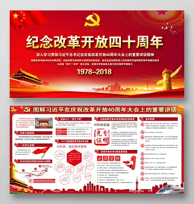 红色改革开放四十周年纪念日党建党政党课宣传栏展板设计(8504X4252(DPI:72))psd模版下载