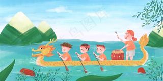划龙舟粽子湖水端午节粽叶手绘蓝色绿树孩子鼓海报背景