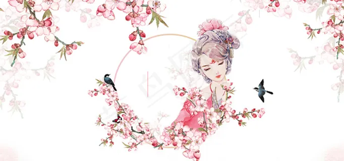 淘宝粉色小清新手绘桃花樱花唯美古风背景