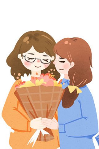 母亲节母亲女儿送花插画人物素材