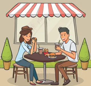 餐厅吃快餐的男女