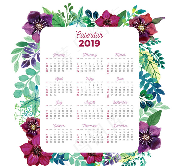 2019花卉边框年历ai矢量模版下载