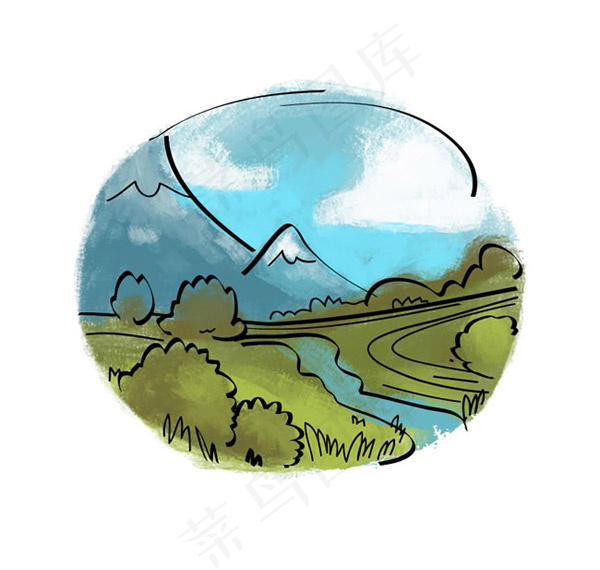 圆形水彩风景画ai矢量模版下载