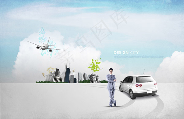 建筑物与人物汽车(5200X3380(DPI:300))psd模版下载