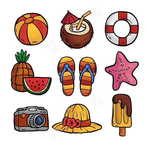 手绘夏季假日元素ai矢量模版下载