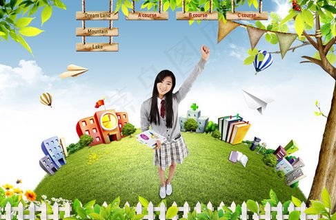 篱笆草地与女生