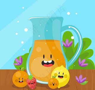 卡通橙汁和水果