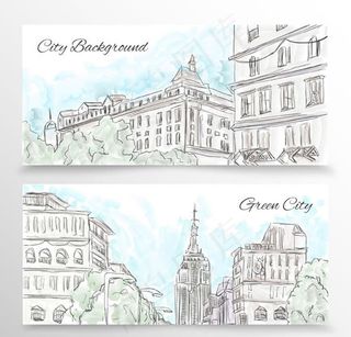 水彩绘城市风景