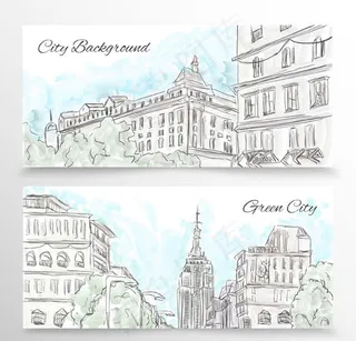 水彩绘城市风景