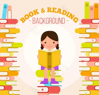 书堆上读书的女孩