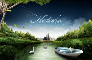 木船与天鹅风景