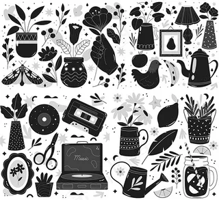 树叶与花瓶黑白矢量